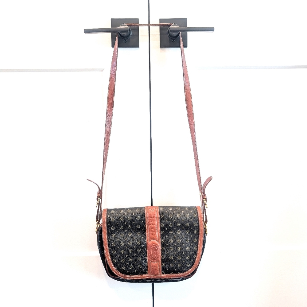 Vintage POLLINI Italian Made Black & Brown Leather Logo Crossbody Shoulder Bag